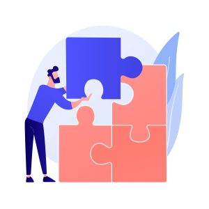 Solution searching vector concept metaphor Problem solving. Creative decision, difficult task, lateral thinking. Man assembling puzzle cartoon character. Right choice, missing item. Vector isolated concept metaphor illustration